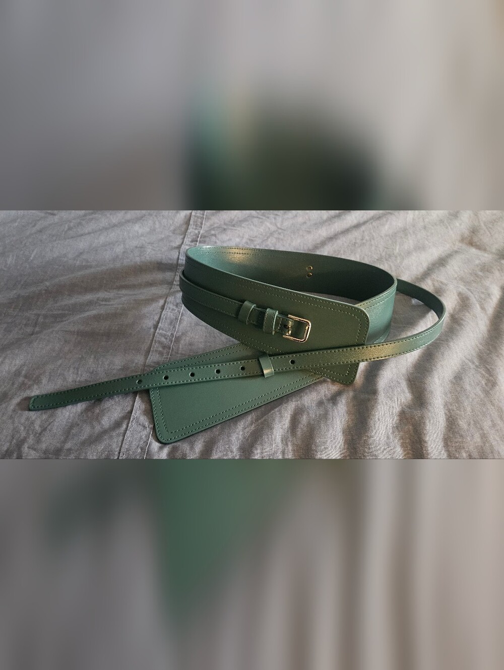Green Wide Leather Waist Belt with Gold Buckle